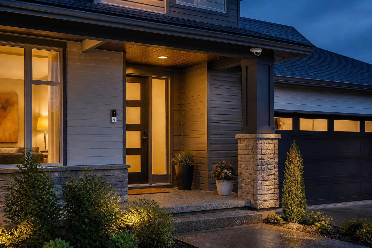Unbranded smart-home security devices at a welcoming home entrance
